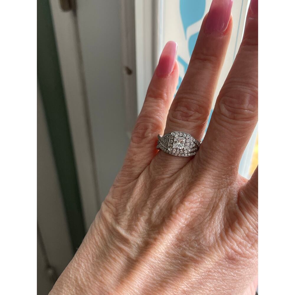 14 karat white gold, diamond halo engagement wedding ring set .61 center - Picture 7 of 16